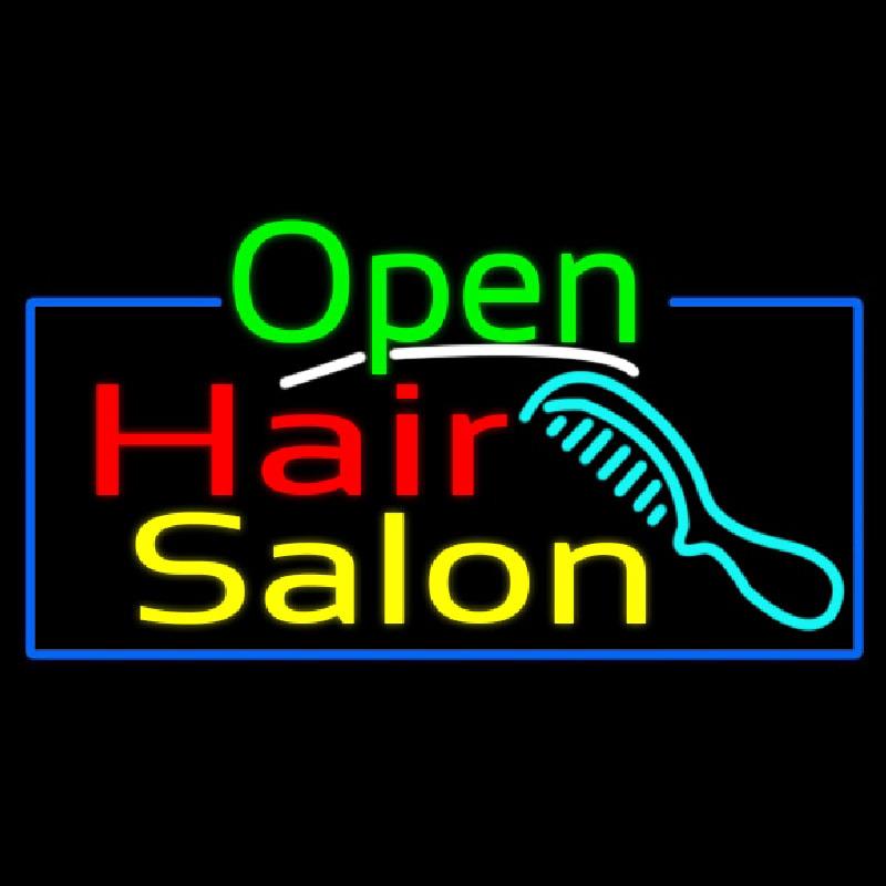 Green Open Hair Salon With Blue Border Handmade Art Neon Sign