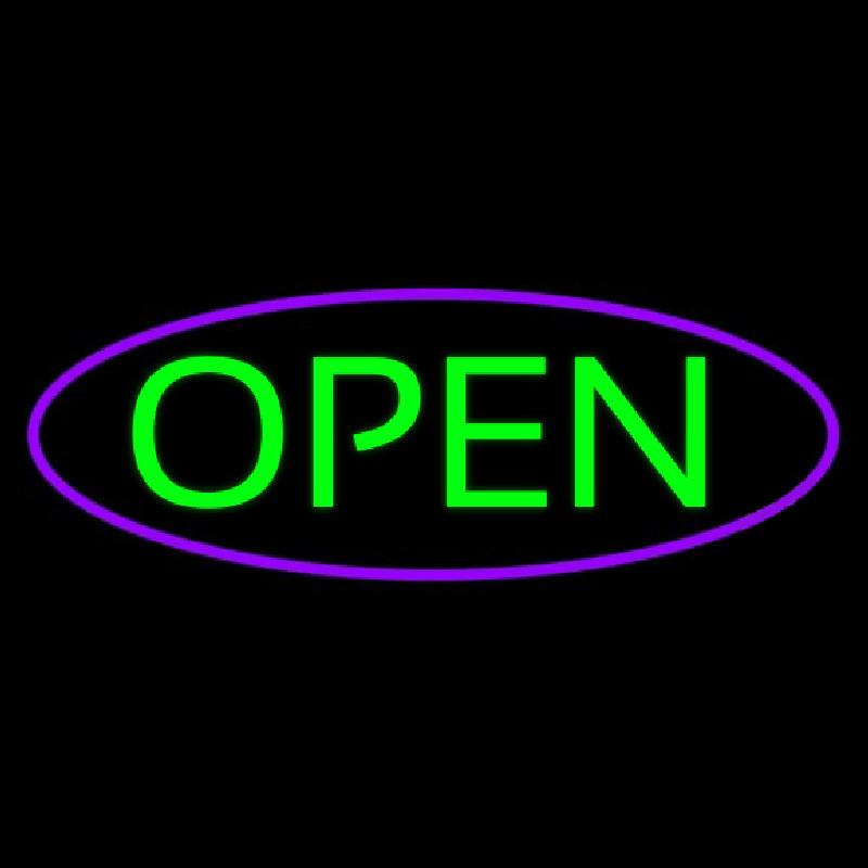 Green Open With Purple Oval Border Handmade Art Neon Sign