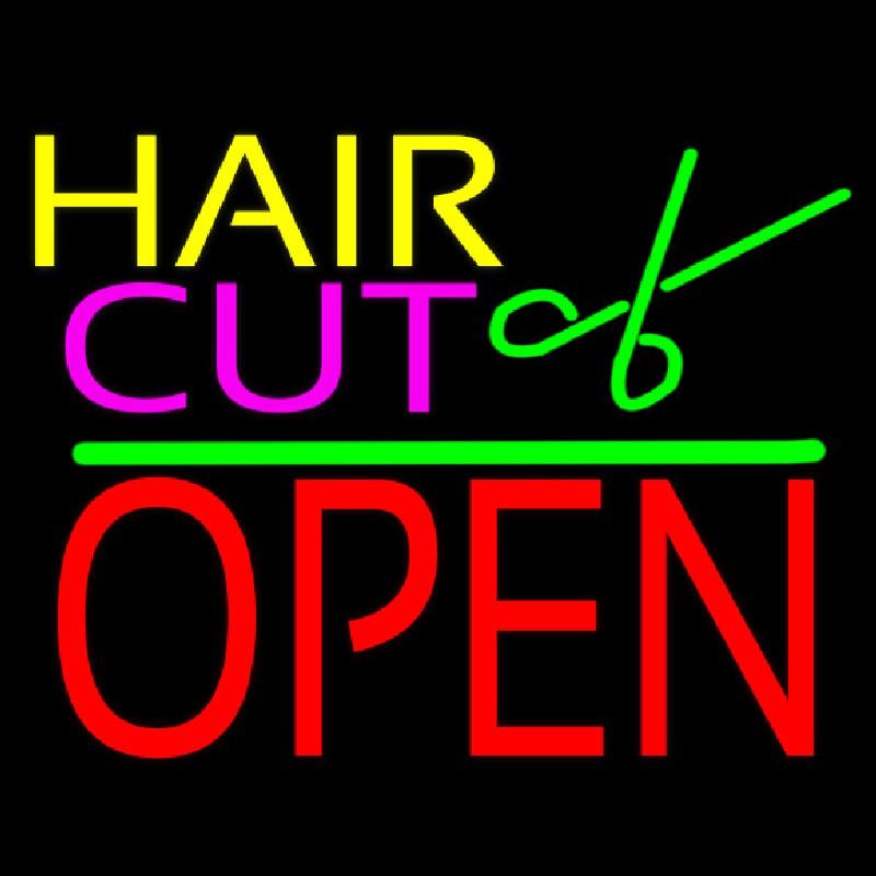 Hair Cut Logo Block Open Green Line Handmade Art Neon Sign