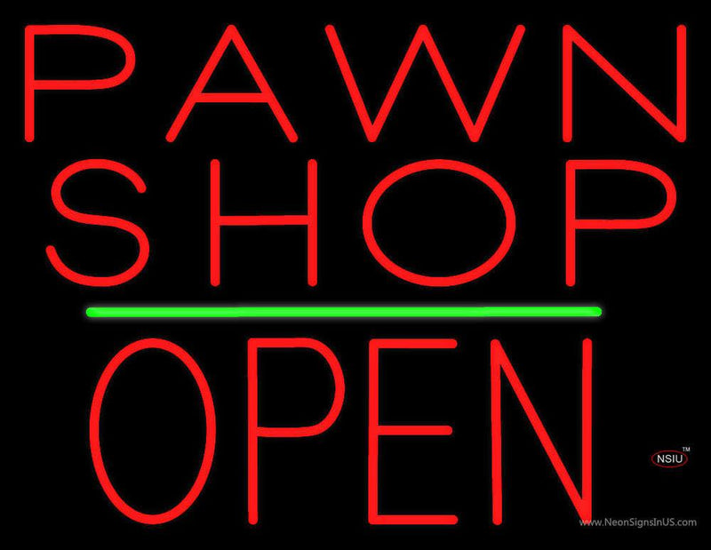 Pawn Shop Block Open Green Line Neon Sign