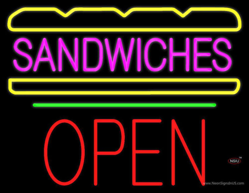 Sandwiches Logo Block Open Green Line Neon Sign