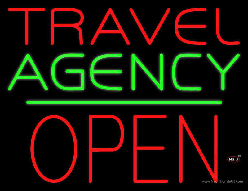 Travel Agency Open Block Green Line Neon Sign