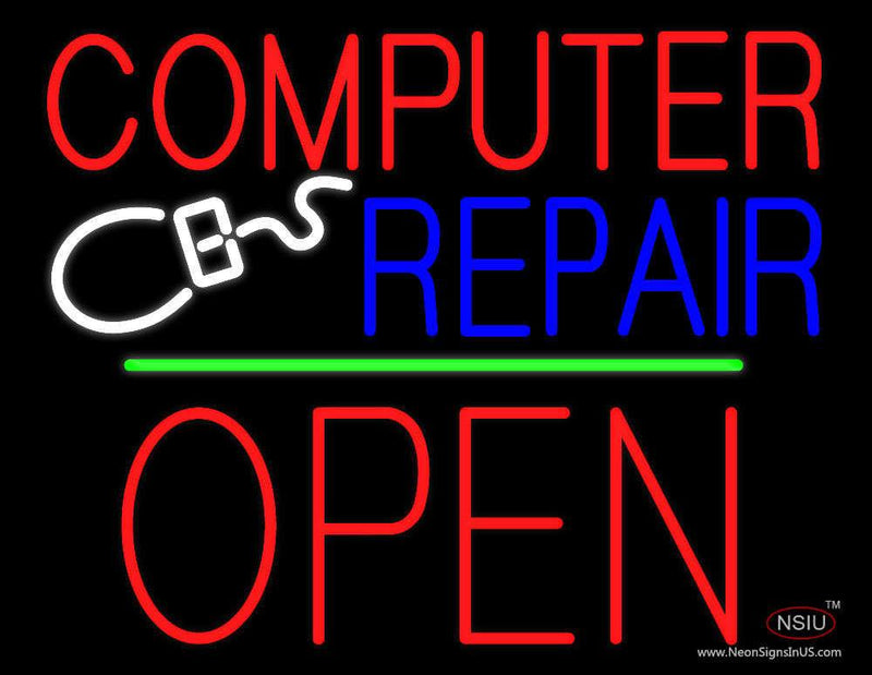 Computer Repair Block Open Green Line Neon Sign