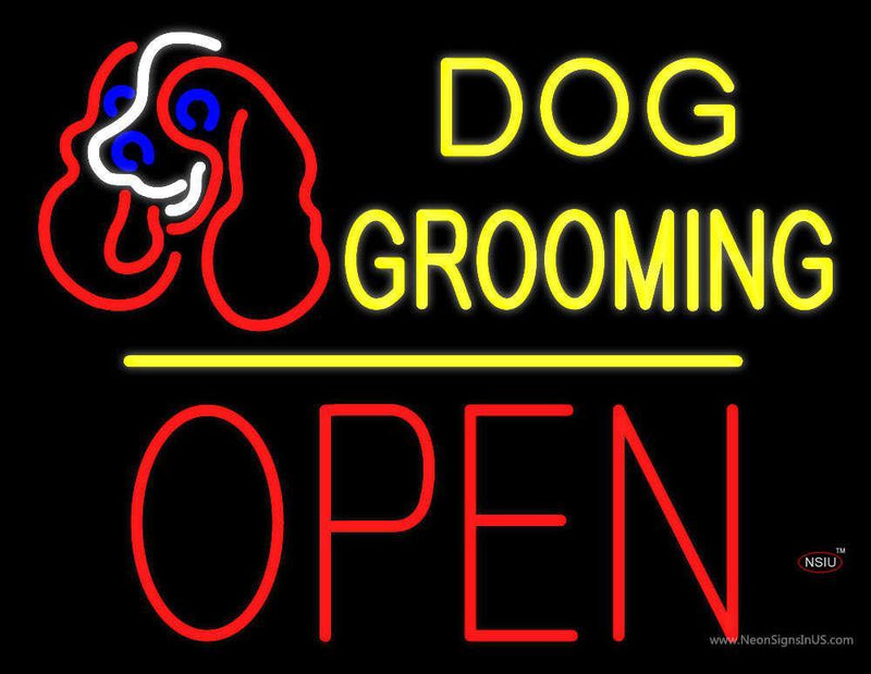 Dog Grooming Block Open Yellow Line Neon Sign