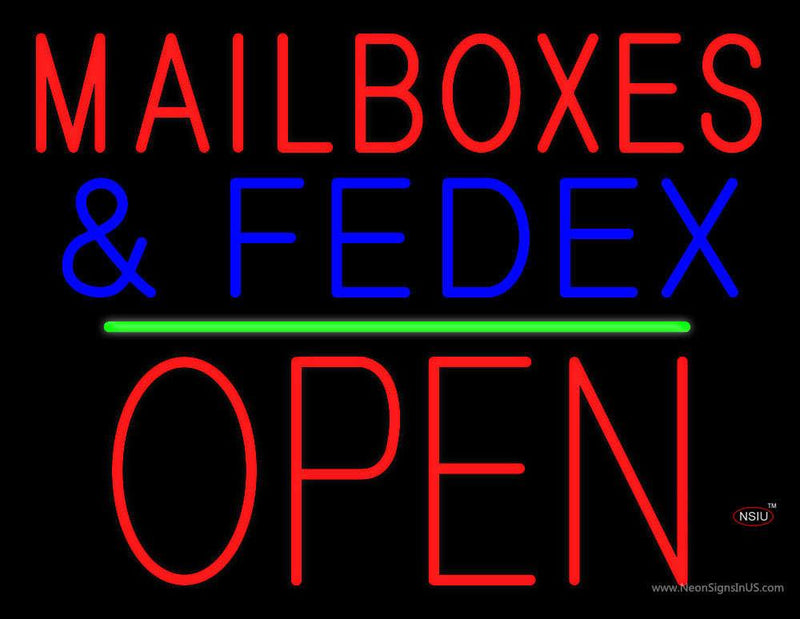 Mail Boxes and FedEx Open Block Green Line Neon Sign
