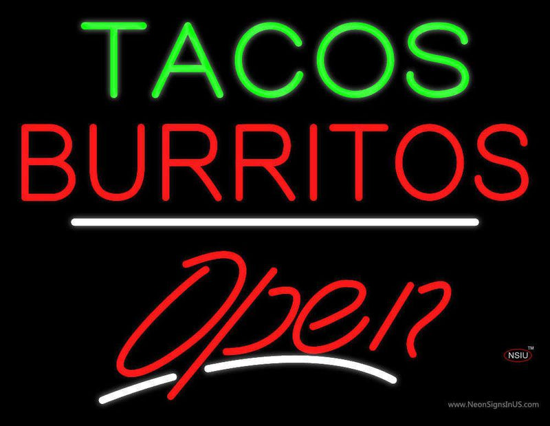 Tacos Burritos Open White Line Neon Sign