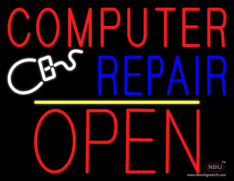 Red Computer Repair Block open Yellow Line Neon Sign