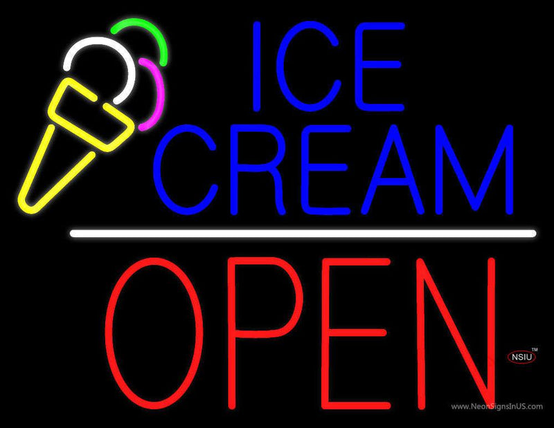 Blue Ice Cream Block Open Red Neon Sign