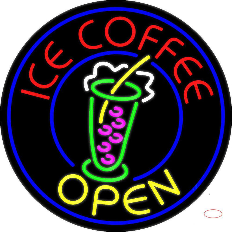 Round Ice Coffee Open  Neon Sign