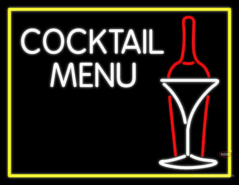 Cocktail Menu With Bottle And Glass Neon Sign
