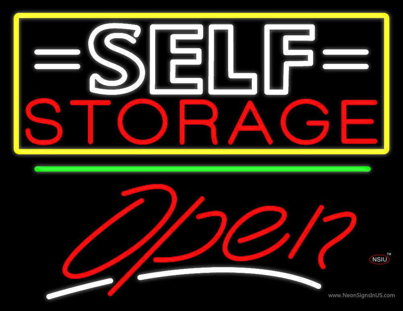 White Self Storage Block With Open  Neon Sign