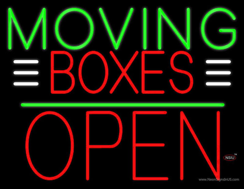 Red Moving Boxes Block Green Line With Open  Neon Sign