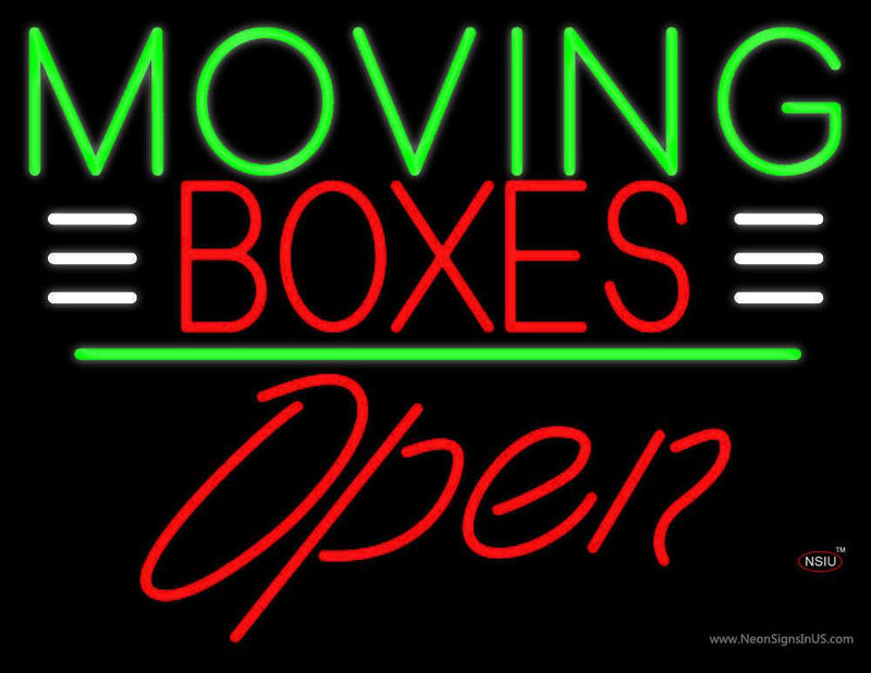 Red Moving Boxes Block Green Line With Open  Neon Sign