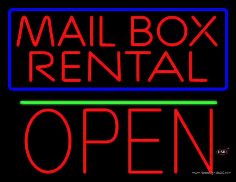 Block Mail Box Rental Blue Border With Open  Neon Sign