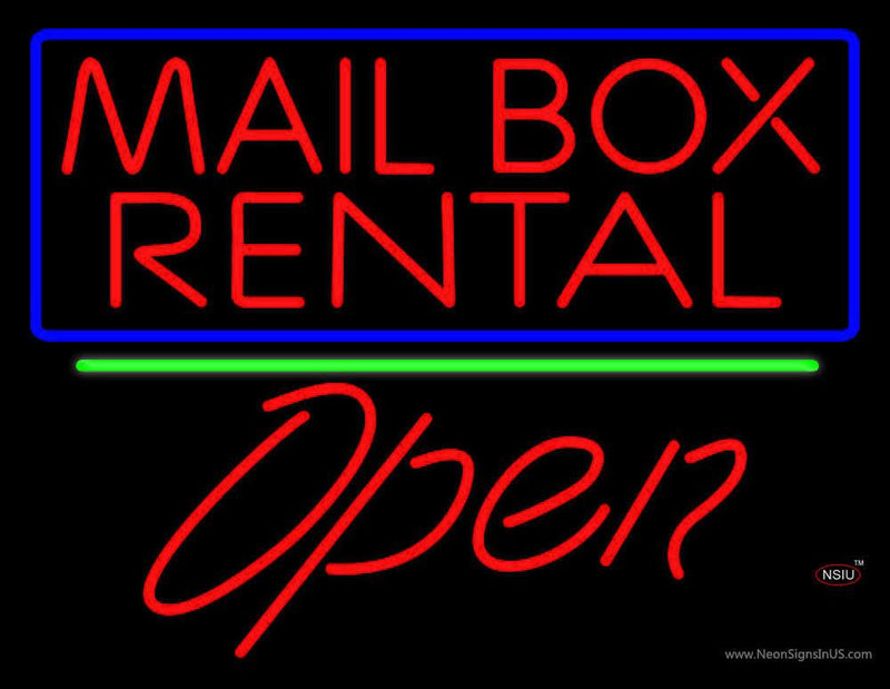 Block Mail Box Rental Blue Border With Open  Neon Sign