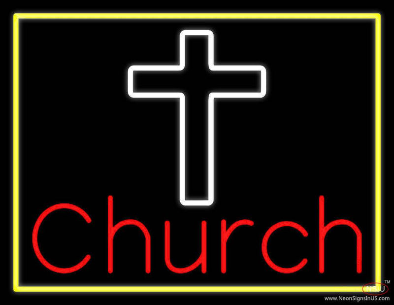 Church With Cross Yellow Border Real Neon Glass Tube Neon Sign