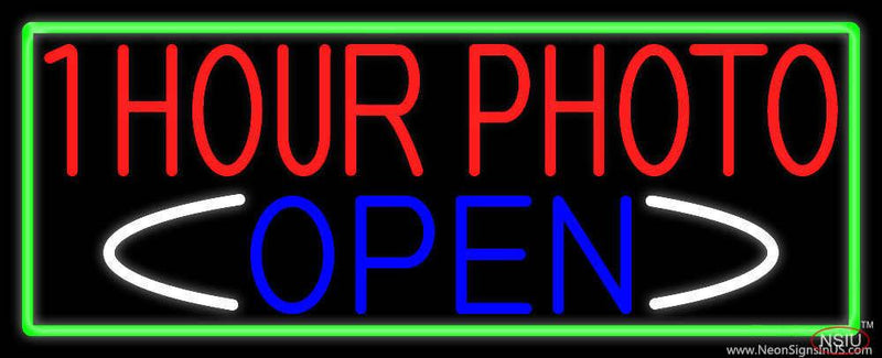 One Hour Photo Open With Green Border Real Neon Glass Tube Neon Sign