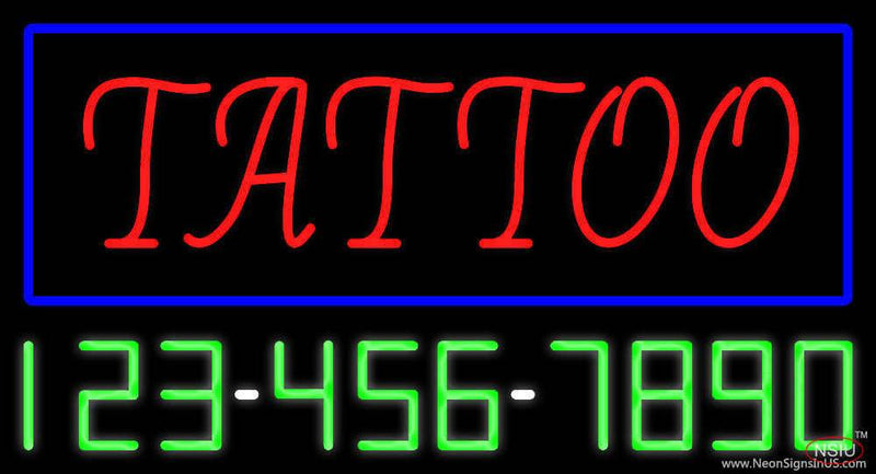 Red Tattoo Blue Border with Phone Number Real Neon Glass Tube Neon Sign