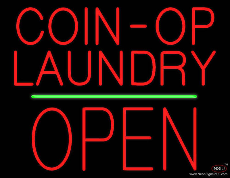 Red Coin-Op Laundry Block Open Green Line Real Neon Glass Tube Neon Sign