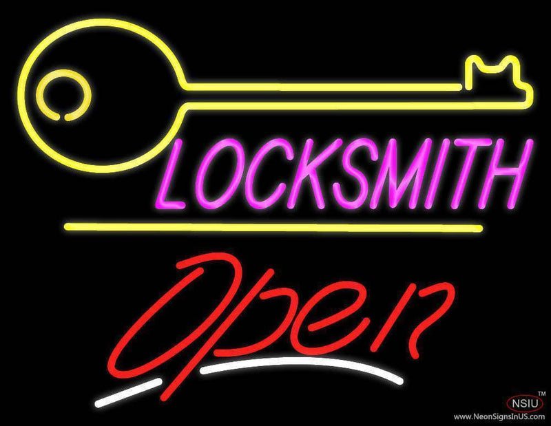 Locksmith Logo Script Open Yellow Line Handmade Art Neon Sign
