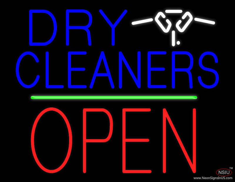Dry Cleaners Logo Block Open Green Line Real Neon Glass Tube Neon Sign