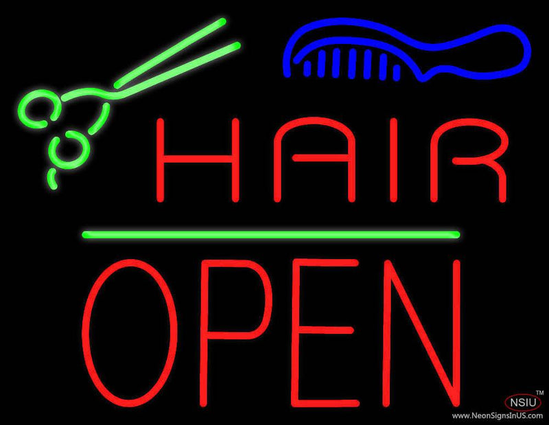 Hair Scissors Comb Block Open Green Line Real Neon Glass Tube Neon Sign