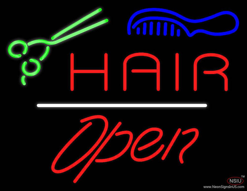Hair Scissors Comb Open White Line Real Neon Glass Tube Neon Sign