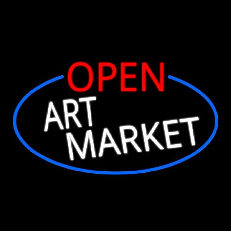 Open Art Market Oval With Blue Border Handmade Art Neon Sign