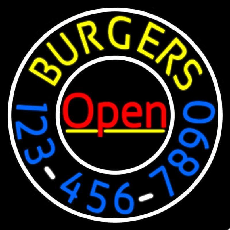 Open Burgers With Numbers Circle Handmade Art Neon Sign