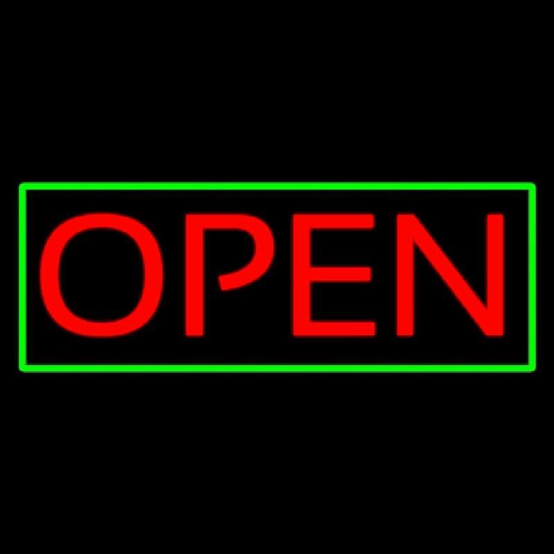 Open Horizontal Red Letters With Green Border Handmade Art Neon Sign