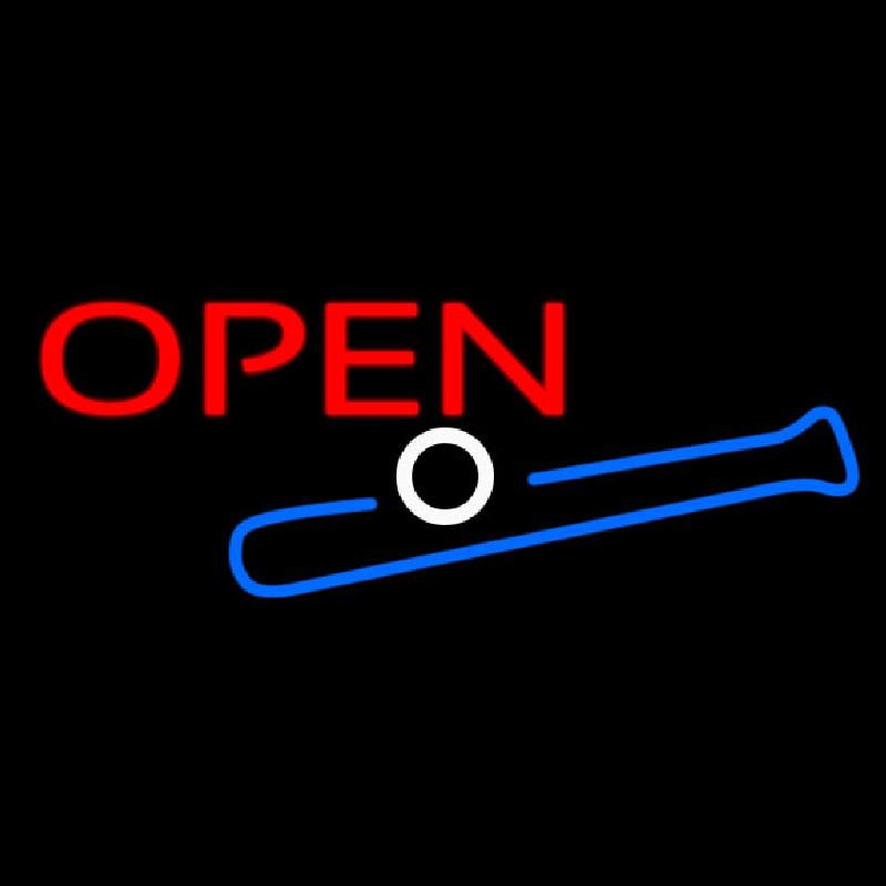 Open In Bright Red With Blue Bat And White Ball Handmade Art Neon Sign