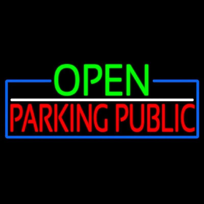 Open Parking Public With Blue Border Handmade Art Neon Sign