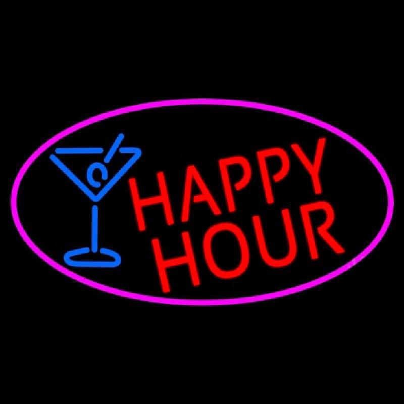 Red Happy Hour And Wine Glass Oval With Pink Border Handmade Art Neon Sign
