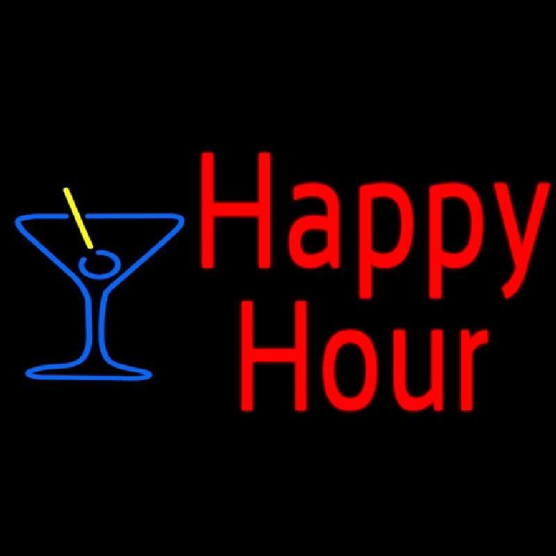 Red Happy Hour With Blue Martini Glass Handmade Art Neon Sign