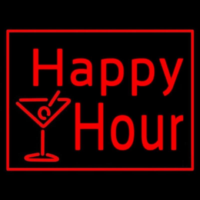 Red Happy Hour With Wine Glass Handmade Art Neon Sign