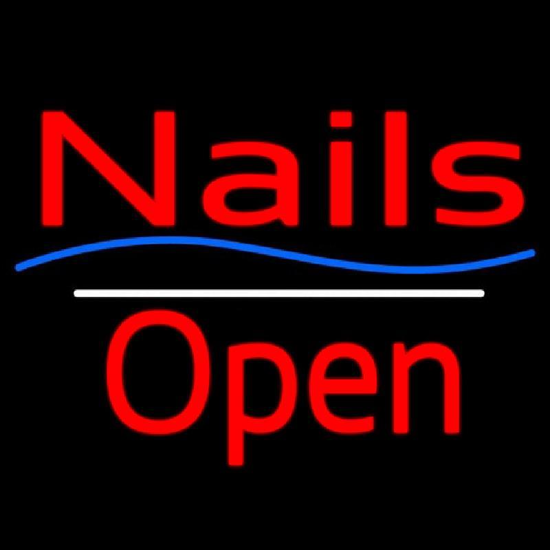 Red Nails Open White Line Blue Waves Handmade Art Neon Sign