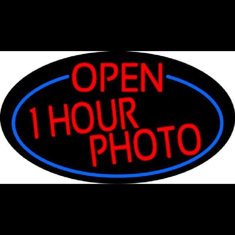 Red Open One Hour Photo Oval With Blue Border Handmade Art Neon Sign