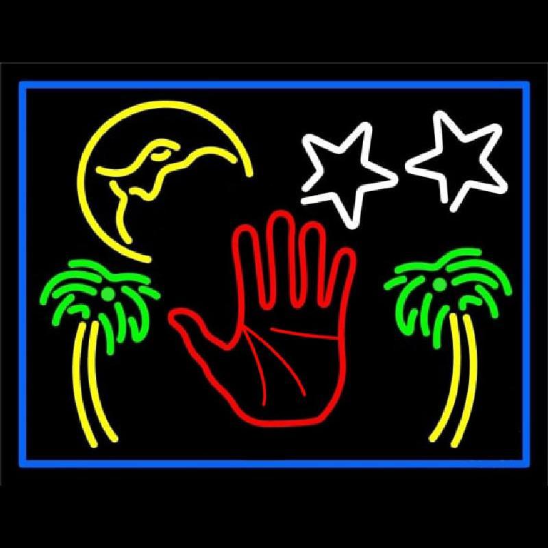 Red Palm Logo Psychic Blue Border Handmade Art Neon Sign
