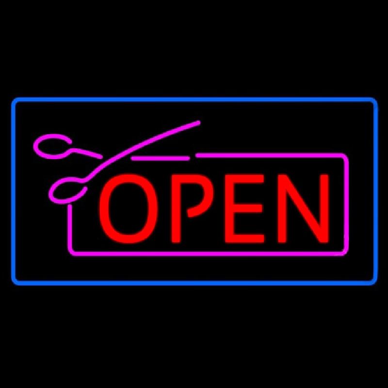 Red Pink Open With Scissors Blue Border Handmade Art Neon Sign