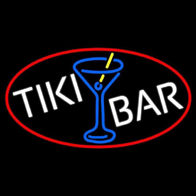 Tiki Bar Wine Glass Oval With Red Border Handmade Art Neon Sign
