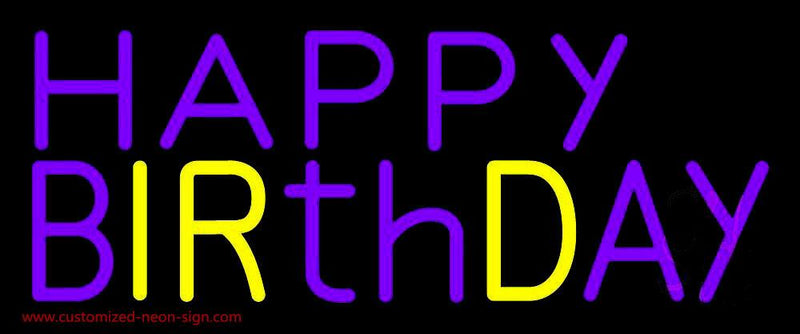 Purple And Yellow Happy Birthday Handmade Art Neon Sign